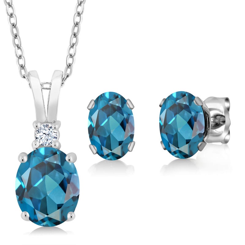 Gem Stone King 3.15 Cttw London Blue Topaz Pendant and Earrings Jewelry Set For Women | 925 Sterling Silver | Gemstone Birthstone | With 18 Inch Silver Chain - Image 1